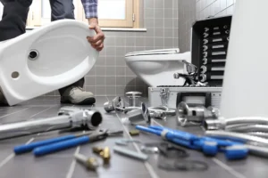 a man holding a toilet with tools on the floor